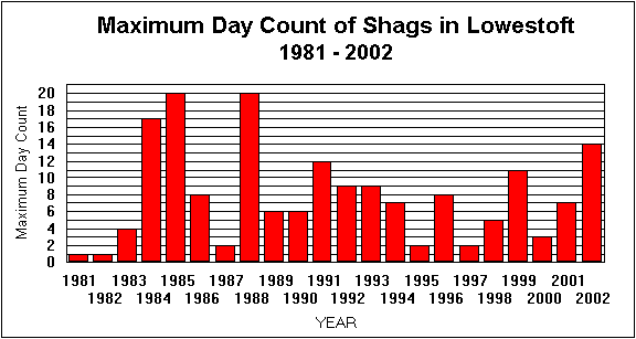 Maximum day count chart of Shags in Lowestoft 1981 -2000