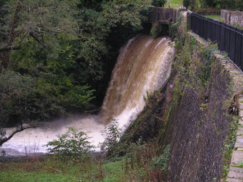 The dam and overflow at Dyffryn Pond