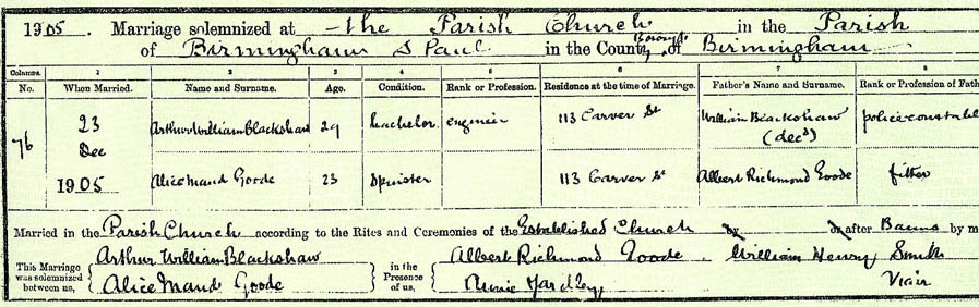 Arthur and Alice's Marriage certificate.