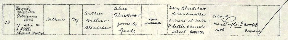 Arthur Blackshaw's birth certificate.