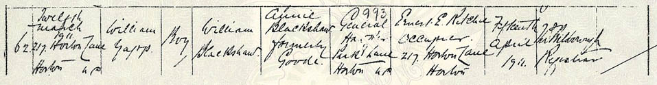 William Yapp Blackshaw's Birth certificate.