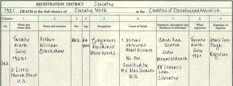 Arthur William Blackshaw's death certificate.