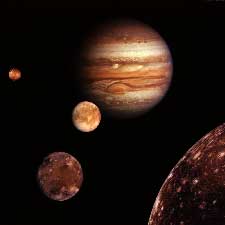 Jupiter and its four moons from Voyager 1(not to scale but in position)