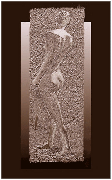 standing female nude granular textured./