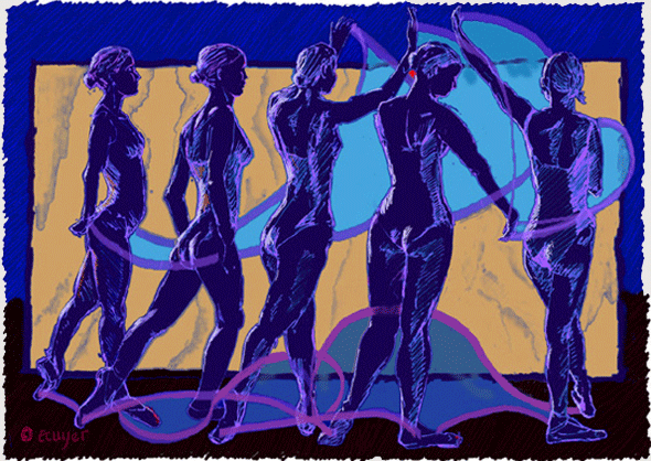 five standing dancers./