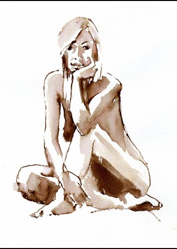 brush drawing; sitting female nude/