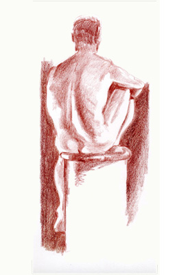 pencil; sitting MALE nude, back/