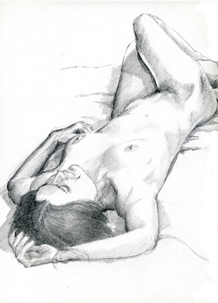 pencil; reclining female nude on her back/