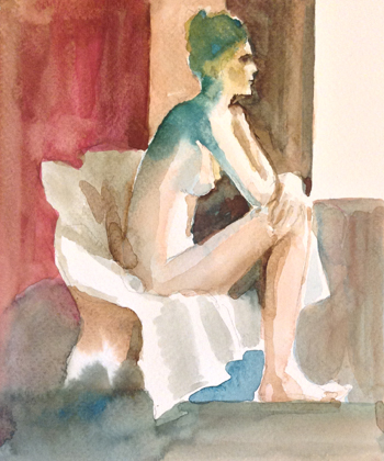 
Female nude standing; brush drawing/