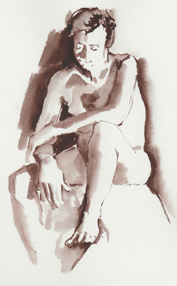 
Male nude seated; brush drawing/