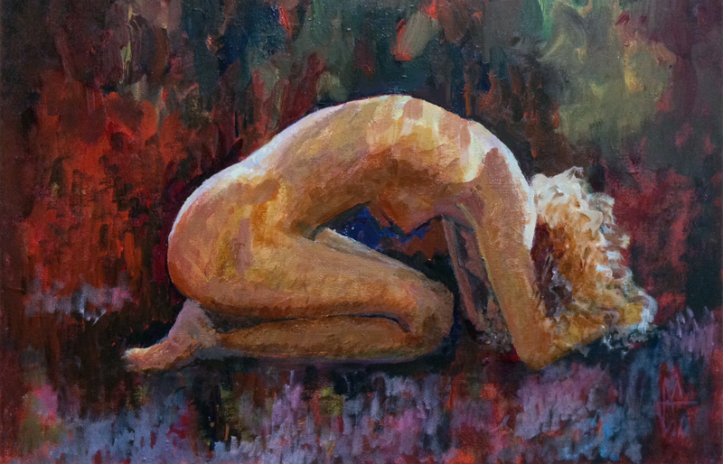 painting of kneeling, nude  young woman/