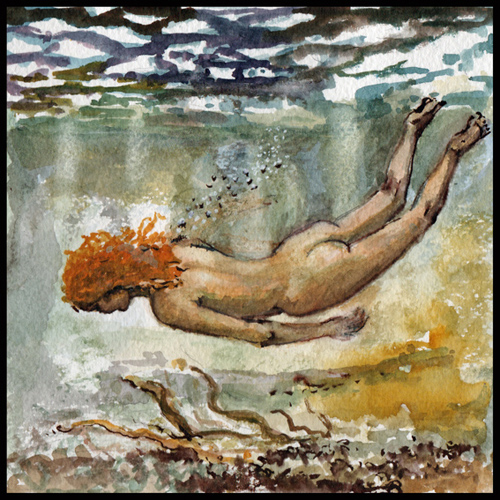 painting of nude girl swimming/