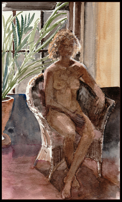 painting of seated, nude  young woman/