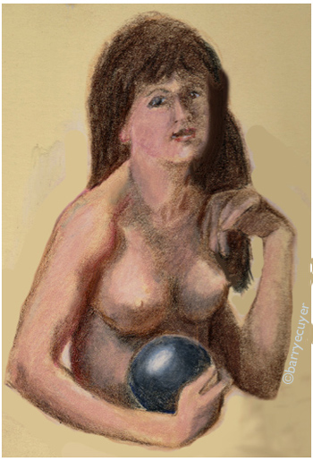 painting of nude young woman holding orb/