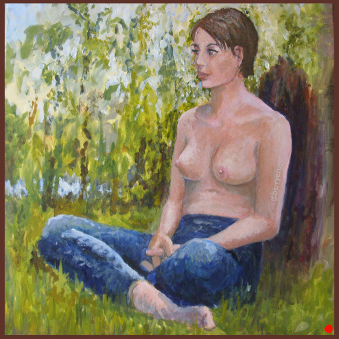 painting of seated, nude  young woman/