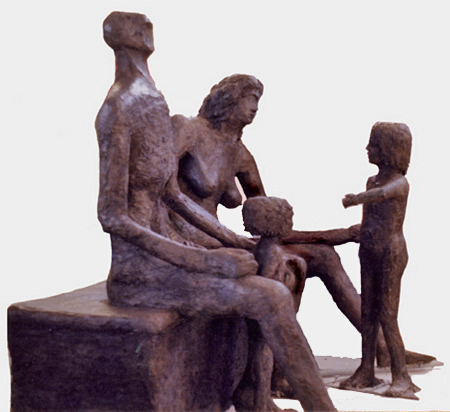 Life size concrete four figure group,two seated two standing; The Family/