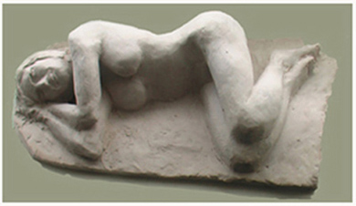 small clay figure; sleeping female nude/